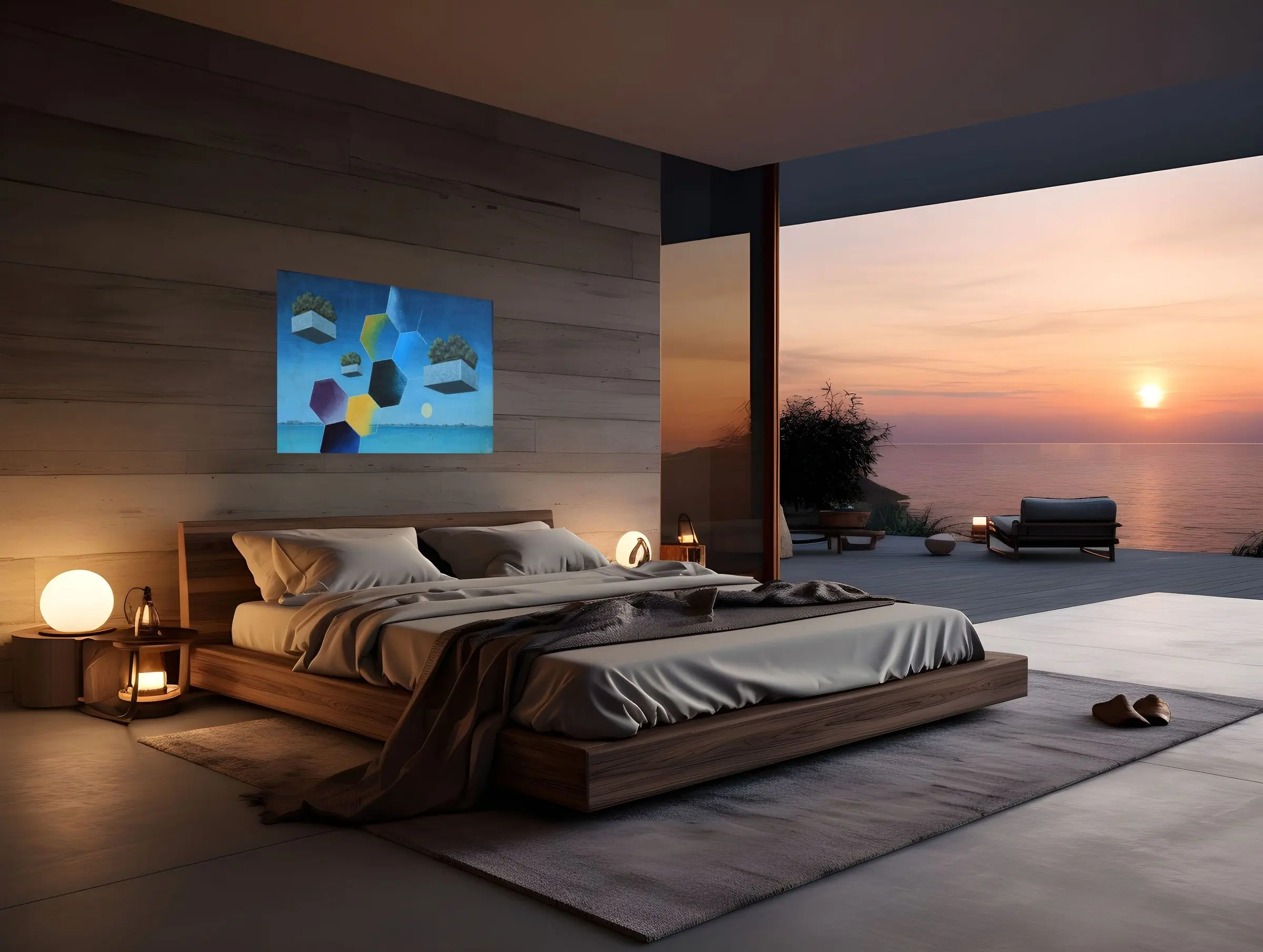 Obra de Walter Lewy em ambientes - quarto - luxo - praia