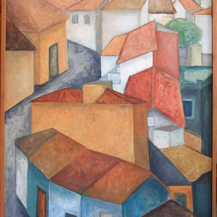 Pintura a óleo original de Alice Brill exposta no acervo da galeria.