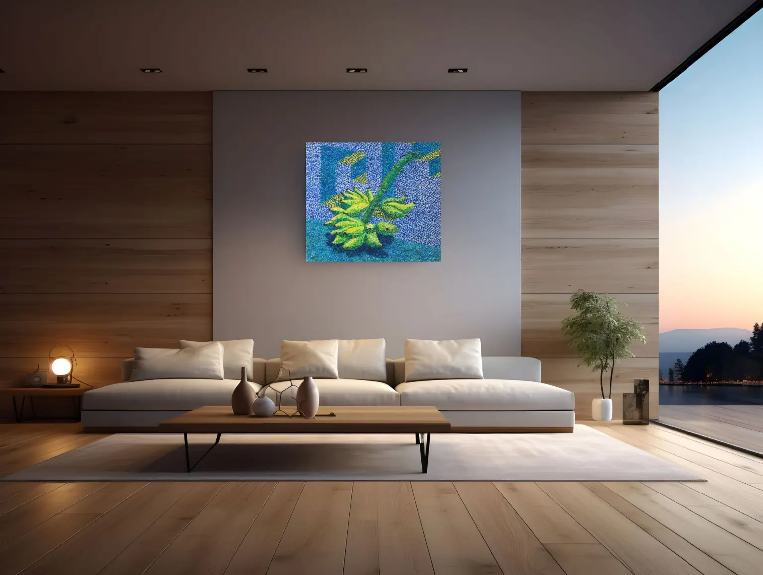 Obra do artista Dutra Vieira - em tons azuis -ambientado em salas e quartos