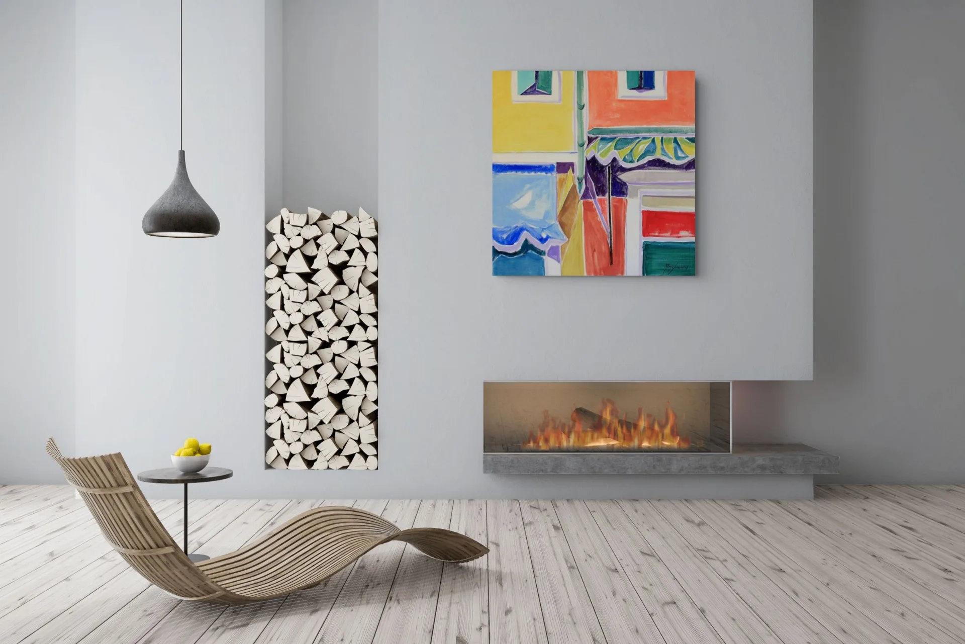 Obra de arte da artista Reali Servadei ambientado em salas. Cores fortes e alegres.