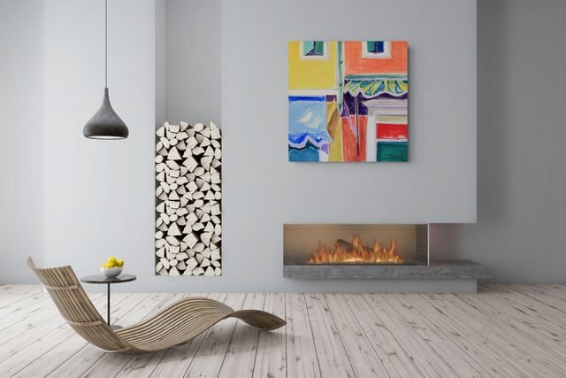 Obra de arte da artista Reali Servadei ambientado em salas. Cores fortes e alegres.