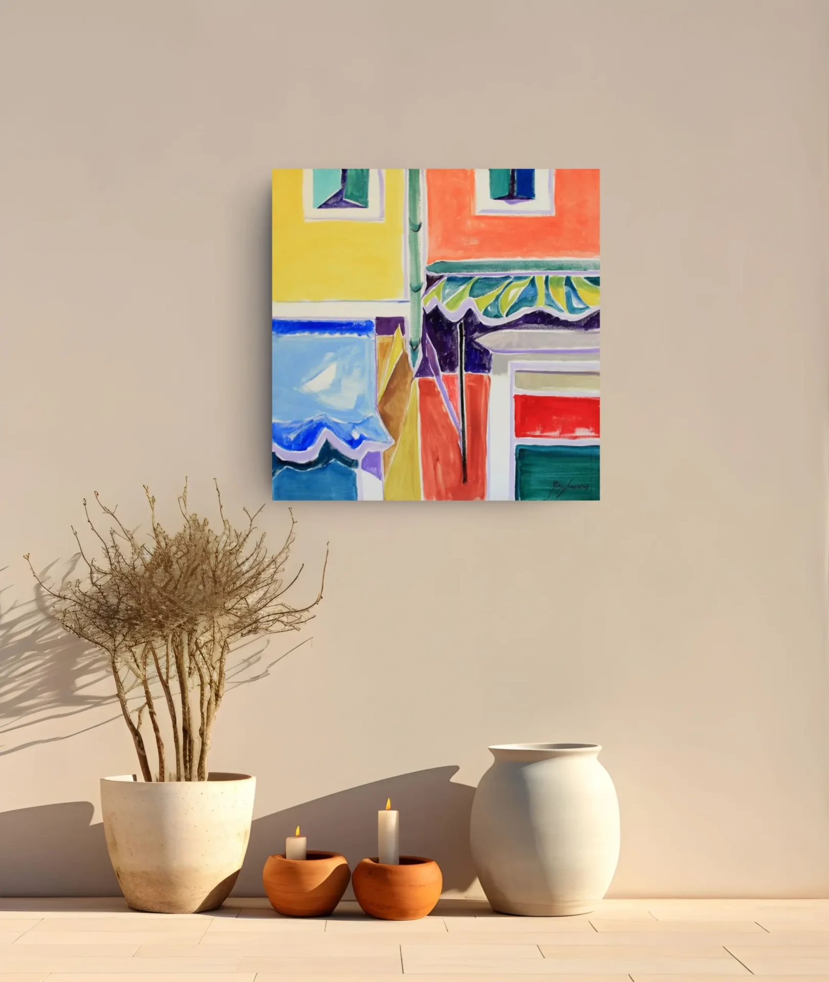 Obra de arte da artista Reali Servadei ambientado em salas. Cores fortes e alegres.